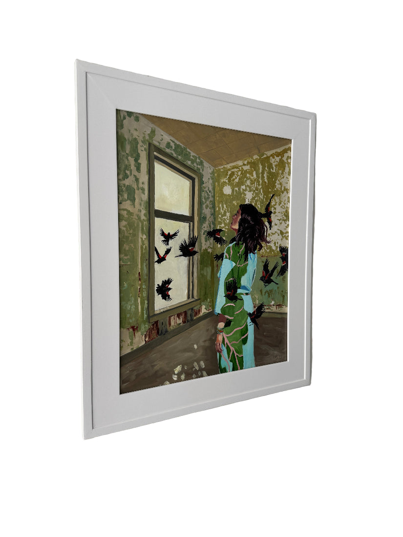 Framed artwork with a bird and landscape design on a gray background
