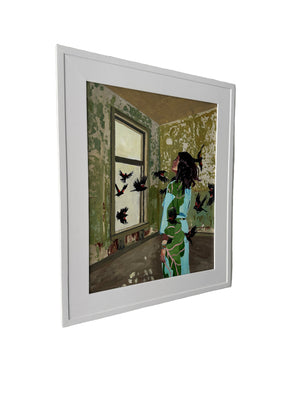 Framed artwork with a bird and landscape design on a gray background