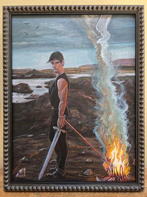 A framed painting depicting a man in a black outfit standing on a rocky beach holding a sword, with a large column of smoke and a bright fire on the right. The artwork is housed in a dark, ornate, textured frame.