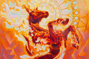 Artistic depiction of a horse with fiery effects and abstract patterns