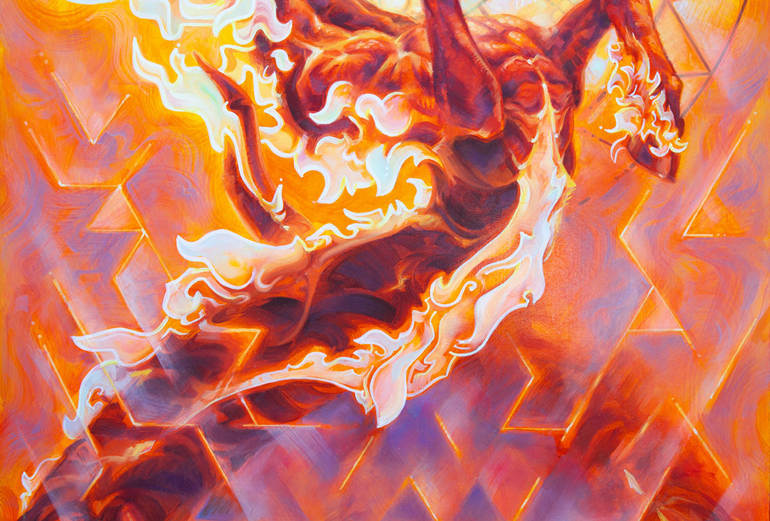 Abstract artwork with fiery colors and geometric patterns