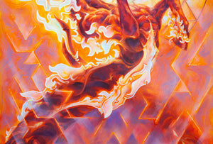 Abstract artwork with fiery colors and geometric patterns