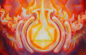 Artistic depiction of a flame-like symbol with abstract designs in red, orange, and purple.