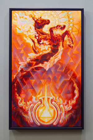 Framed artwork of a fiery horse on a gray wall