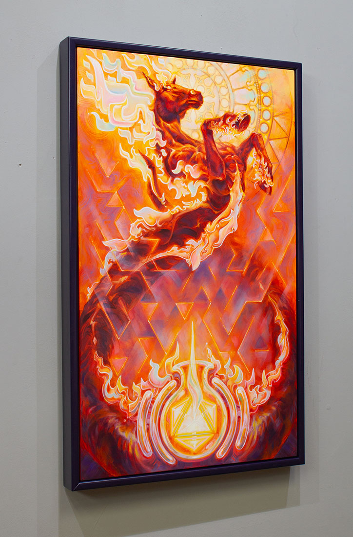 Framed artwork of a fiery horse on a gray wall