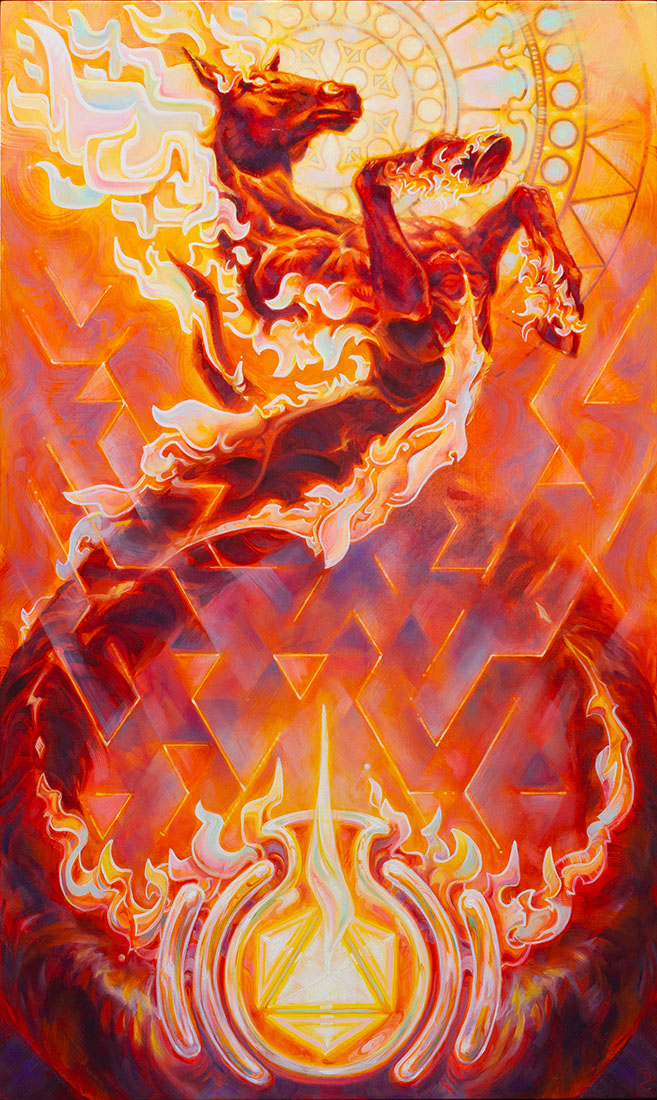 Fiery horse painting with abstract patterns