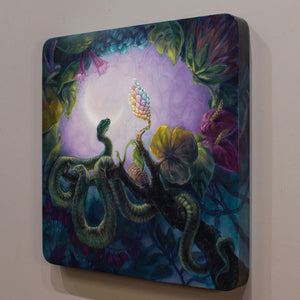 Colorful artwork of a plant and creature on a rectangular background