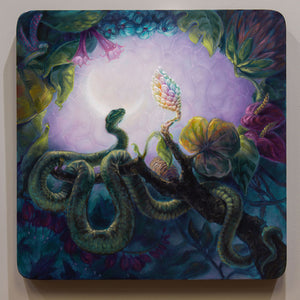 Colorful artwork of a snake and flowers with a mystical atmosphere