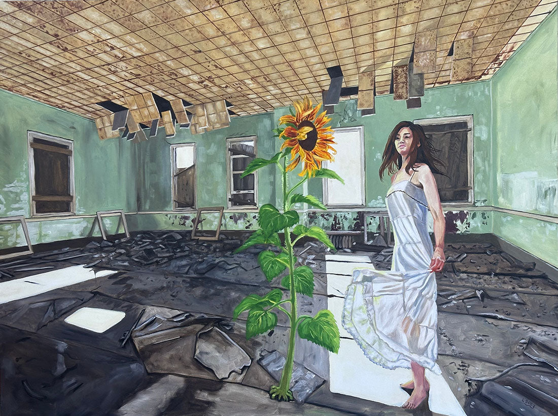 Woman in a white dress standing in a dilapidated room with a large sunflower.
