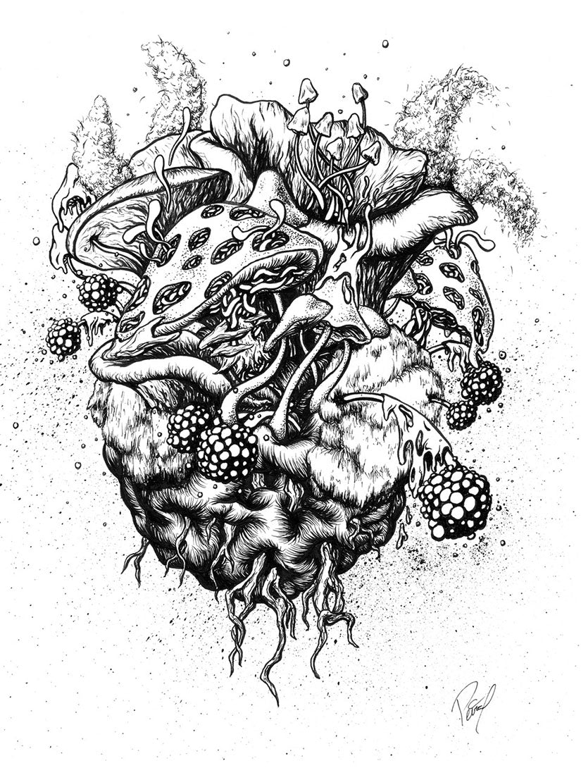 Black and white illustration of a heart with floral and plant elements on a white background