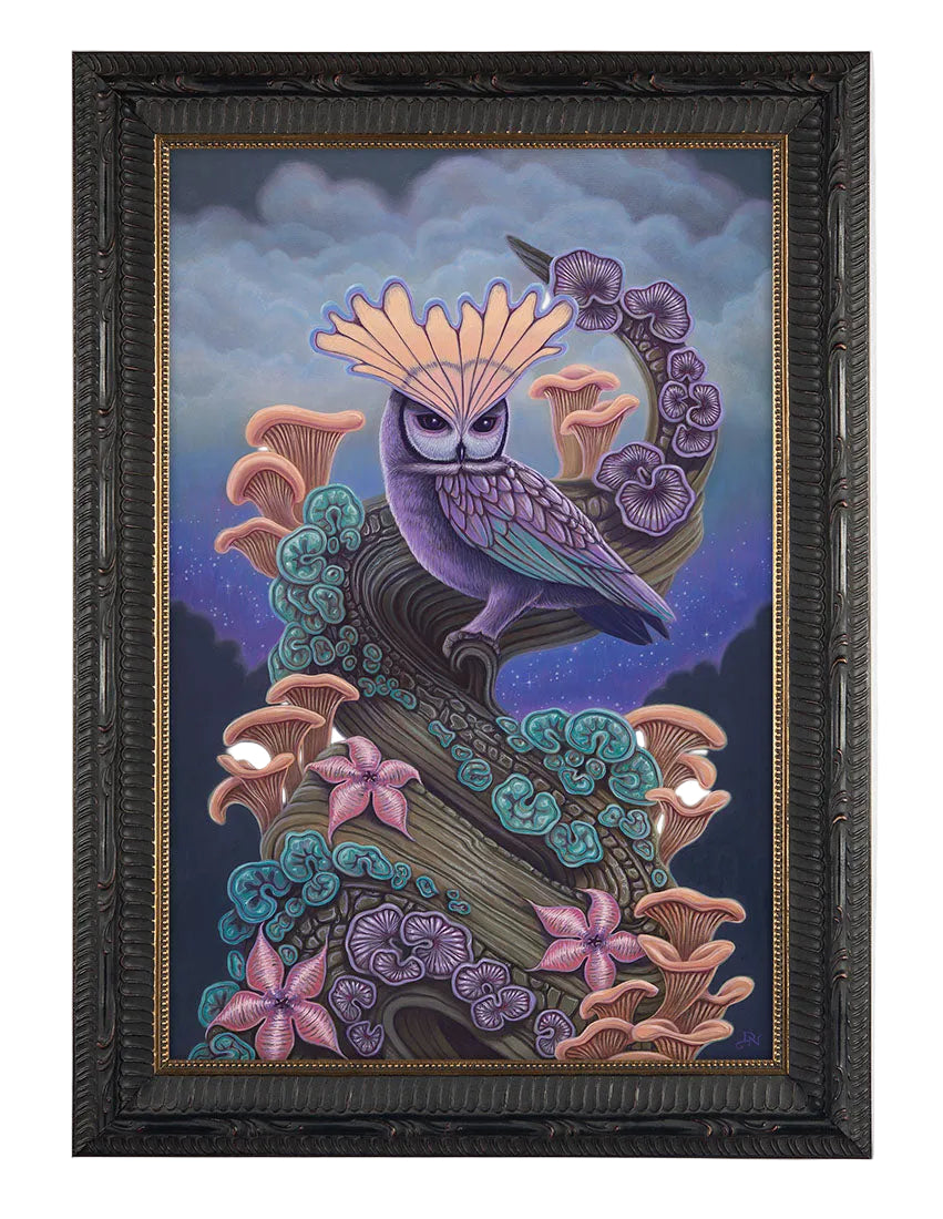 Framed artwork of an owl with floral and cloud design on a blue background
