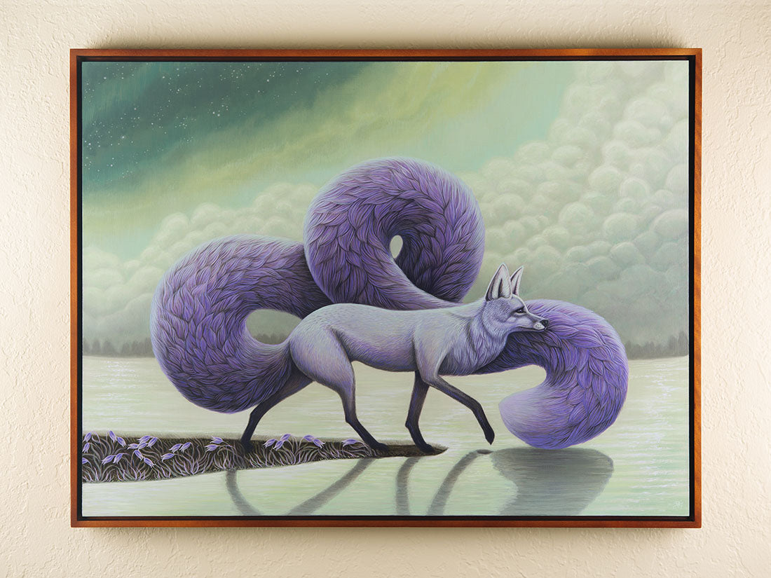 Purple fox-like creature with large bushy tail in a natural setting