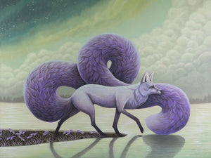 Purple fox-like creature with large bushy tail in a natural setting