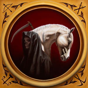Grim Reaper and horse in a circular frame with decorative elements