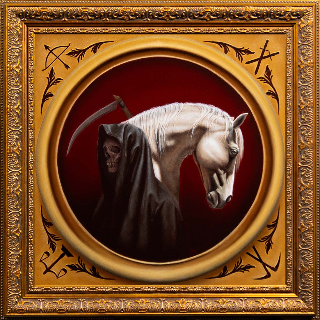 Grim Reaper and horse in a circular frame with decorative elements