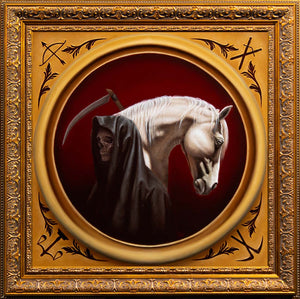 Decorative frame with a white horse and skeleton figure on a red background