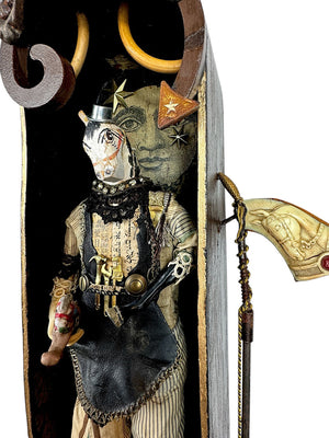 Artistic depiction of a character with a mask and decorative elements on a white background