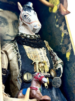 Artistic depiction of a zebra-like creature in elaborate clothing with intricate patterns and accessories.