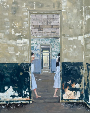 Artistic depiction of a room with peeling paint and two figures in light clothing.