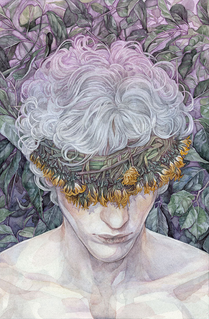 Artistic depiction of a classical statue with a floral headpiece against a leafy background