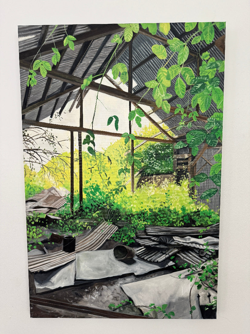 Painting of a greenhouse with greenery and broken glass