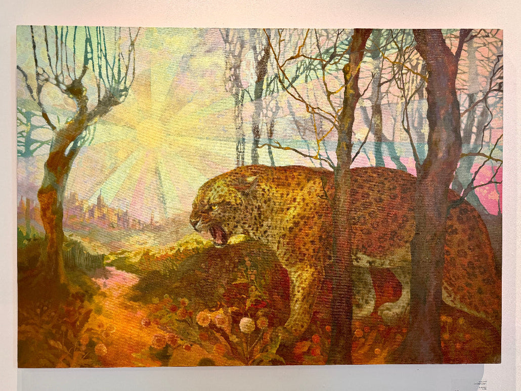 Leopard in a forest scene with a colorful, abstract background