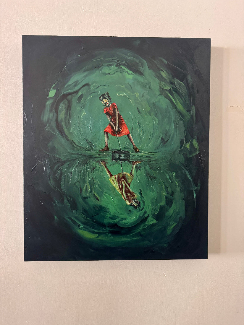 Artistic depiction of a person in a red dress reflected in swirling green water on a dark background.