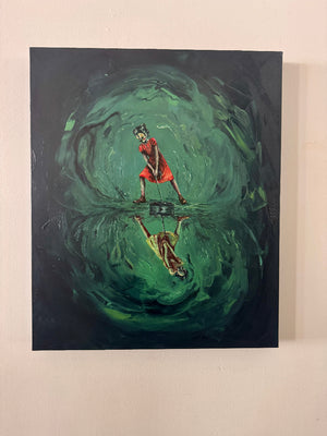 Artistic depiction of a person in a red dress reflected in swirling green water on a dark background.