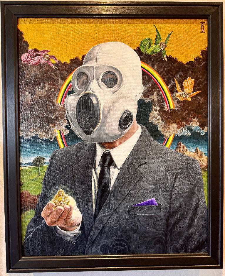 Artistic depiction of a person wearing a gas mask with a colorful, surreal background.