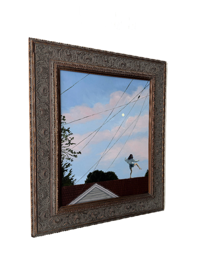 Oil painting with power lines and clouds on a white wall.