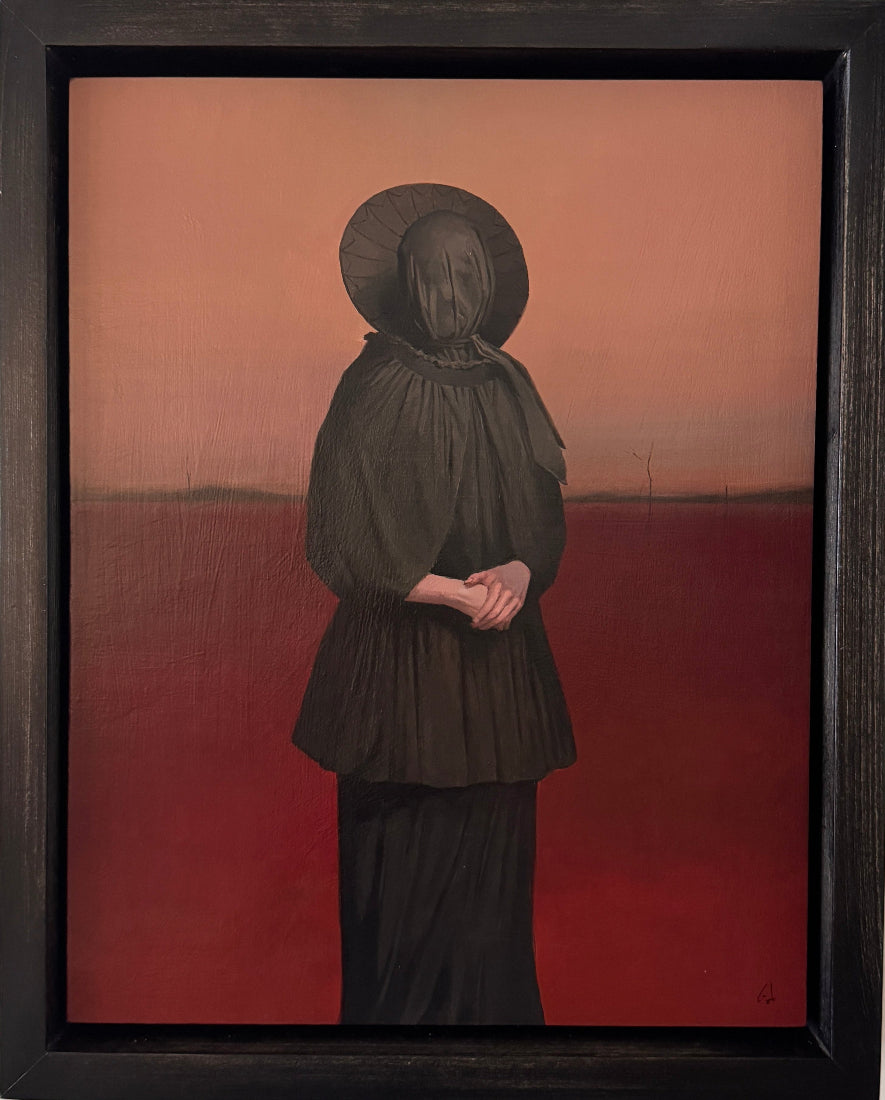 Painting of a figure in dark clothing against a red and brown background
