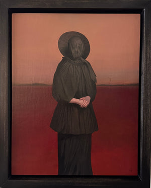 Painting of a figure in dark clothing against a red and brown background