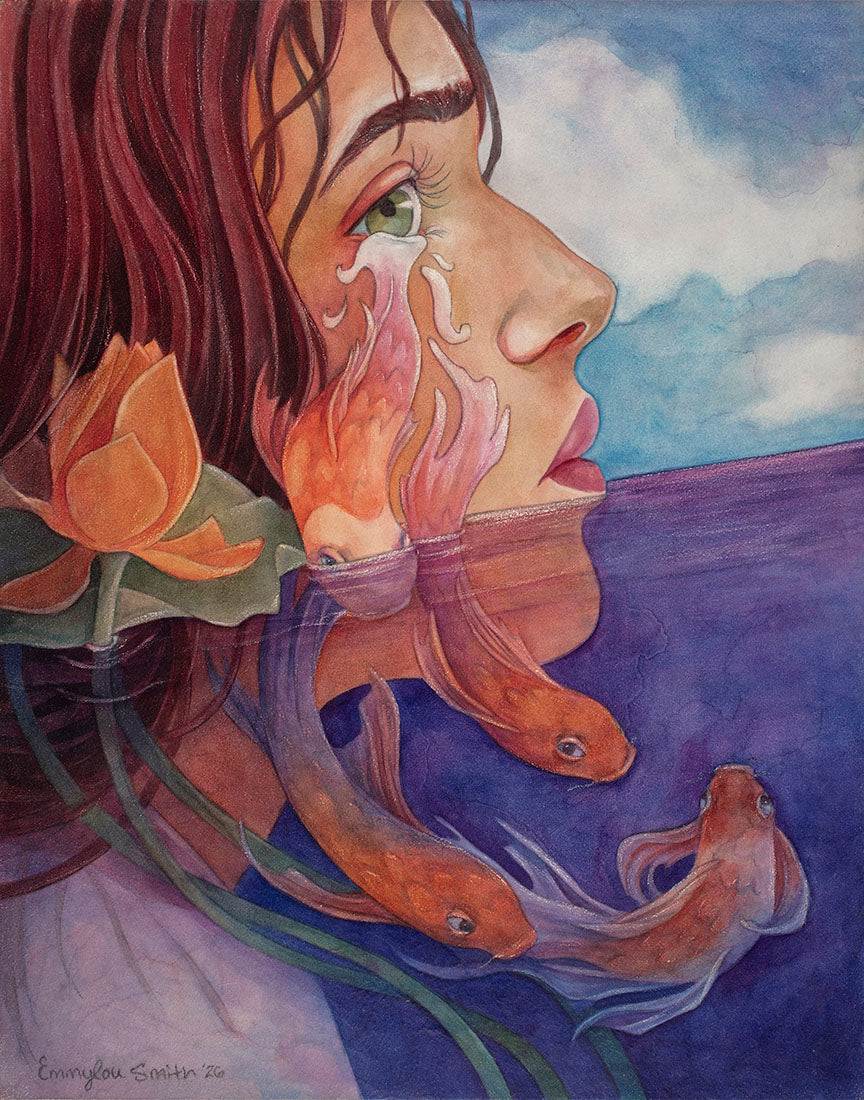 A colorful watercolor painting of a woman's face in profile, with orange fish swimming in dark purple water and an orange flower in her hair. The background shows a blue sky with clouds.