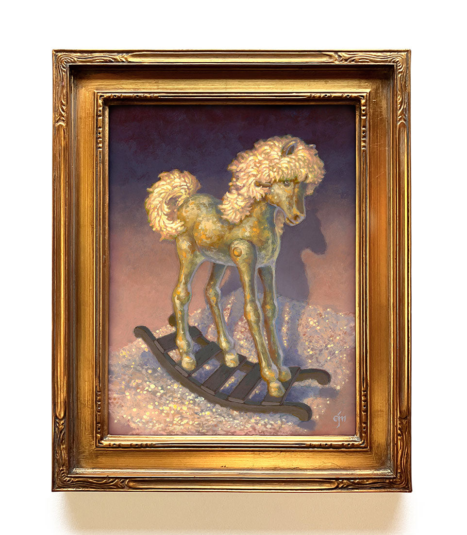 Framed painting of a rocking horse on a white background