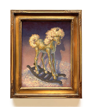 Framed painting of a rocking horse on a white background