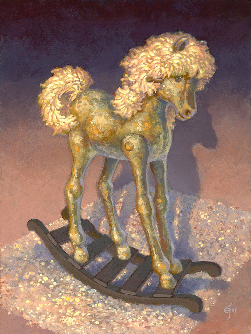 Rustic rocking horse on a textured surface with a dark background