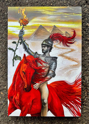 Painting of a warrior on a red horse holding a flaming heart, with pyramids in the background.