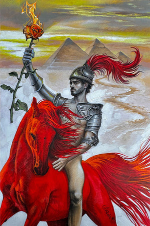 Warrior on a red horse with a flaming torch, pyramids in the background