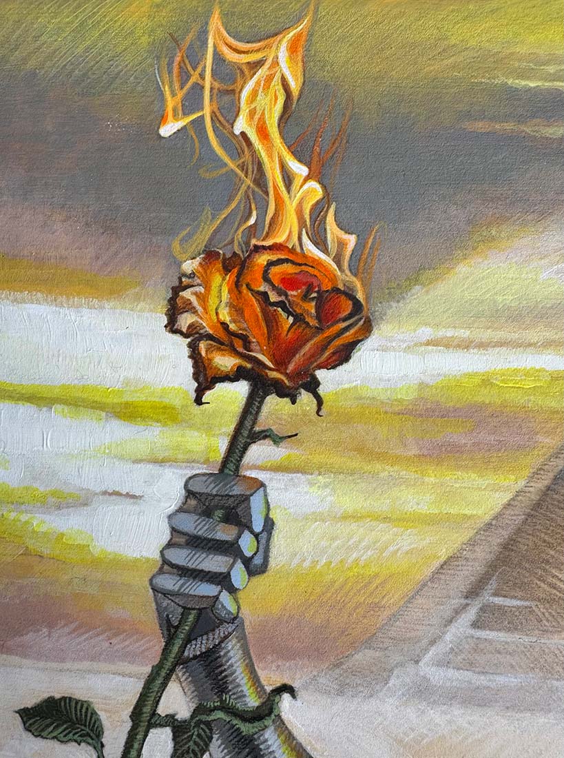 Artistic depiction of a robot hand holding a flaming rose against a colorful background