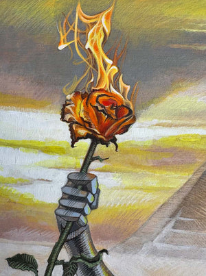Artistic depiction of a robot hand holding a flaming rose against a colorful background