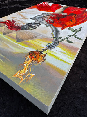 Artistic depiction of a flaming sword with red roses on a textured surface