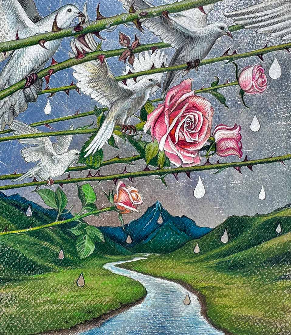 Artistic depiction of doves, roses, and barbed wire with a landscape background.