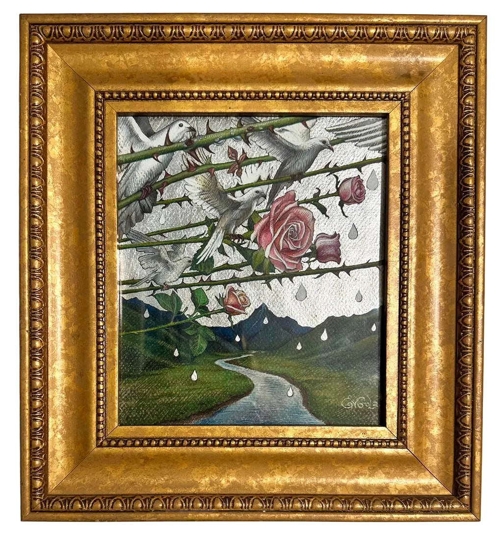 Artistic depiction of doves, roses, and barbed wire with a landscape background.