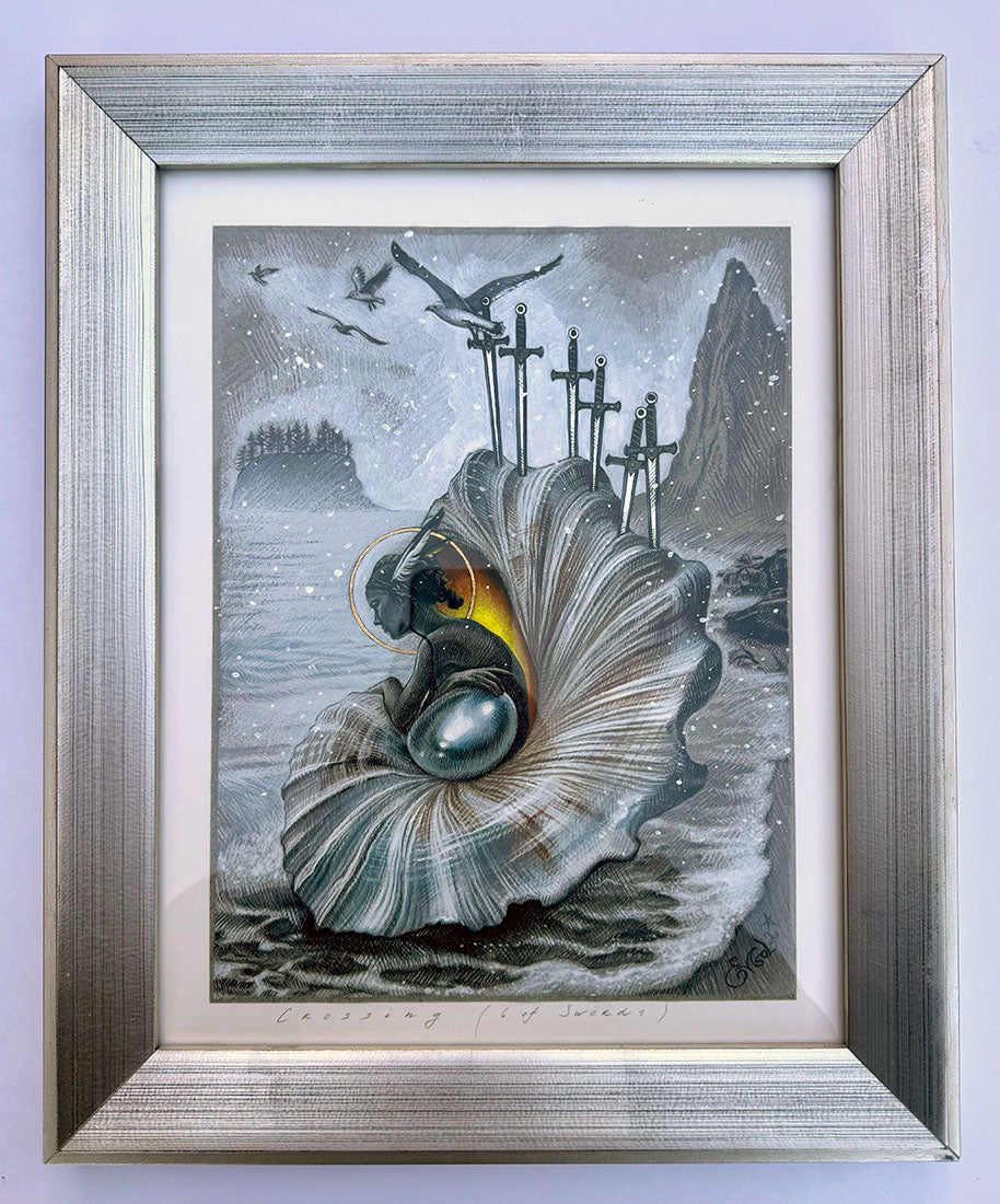 Framed artwork of a seashell with a light inside, surrounded by coastal elements.