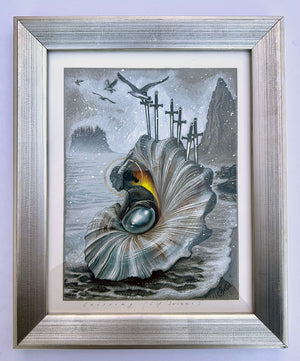 Framed artwork of a seashell with a light inside, surrounded by coastal elements.