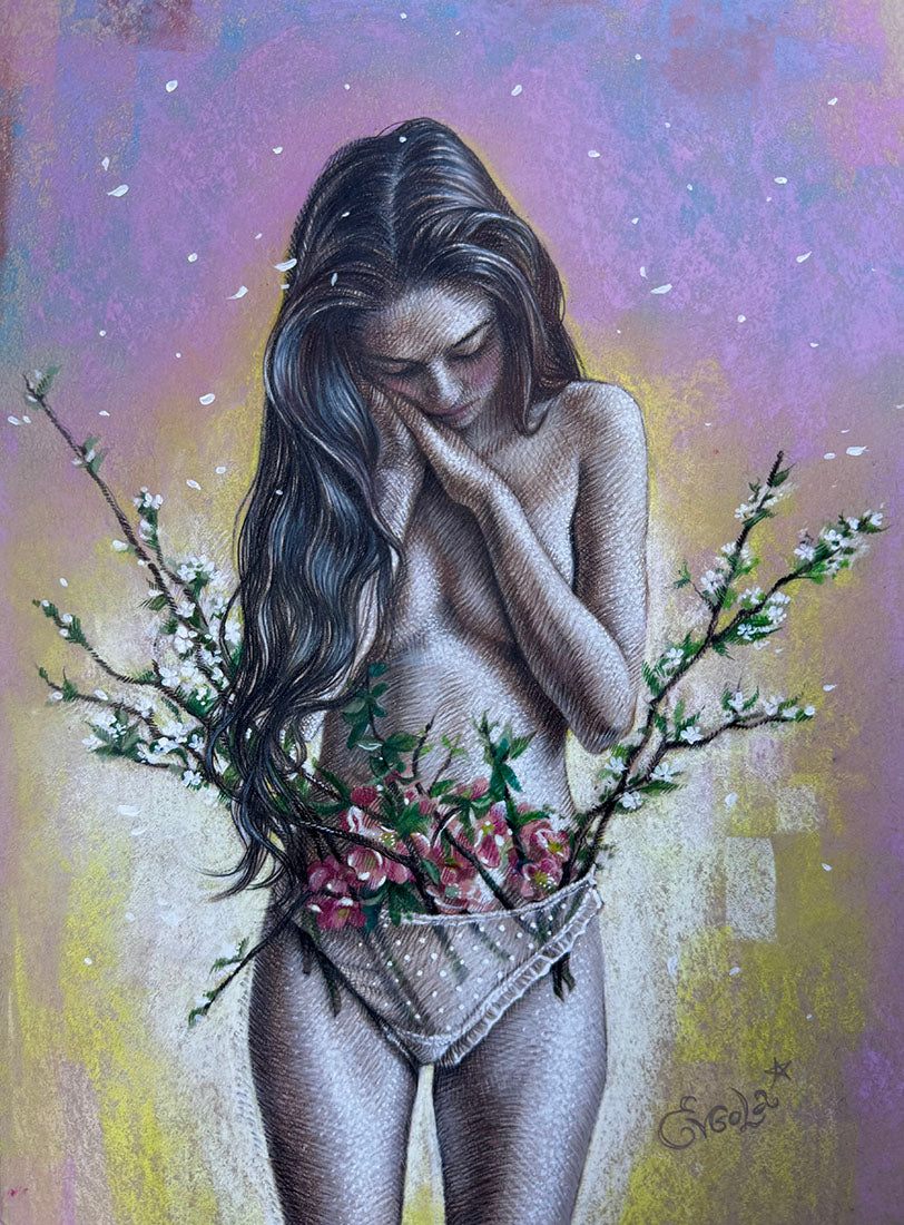 Artistic depiction of a nude woman with floral wreath, set against a colorful background.