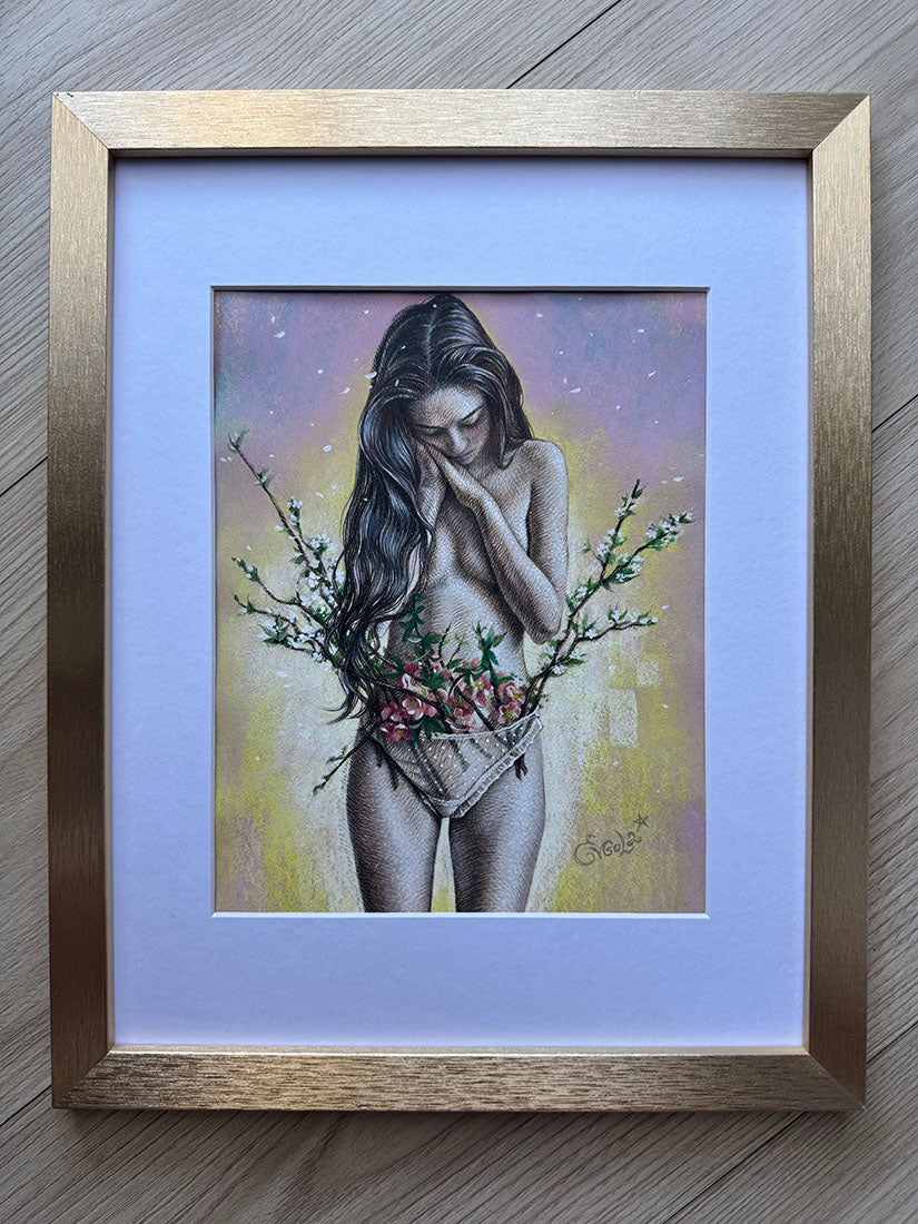 Artistic depiction of a nude woman with floral wreath, set against a colorful background.