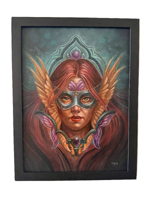 Framed artwork of a fantasy character with red hair and wings on a beige wall.