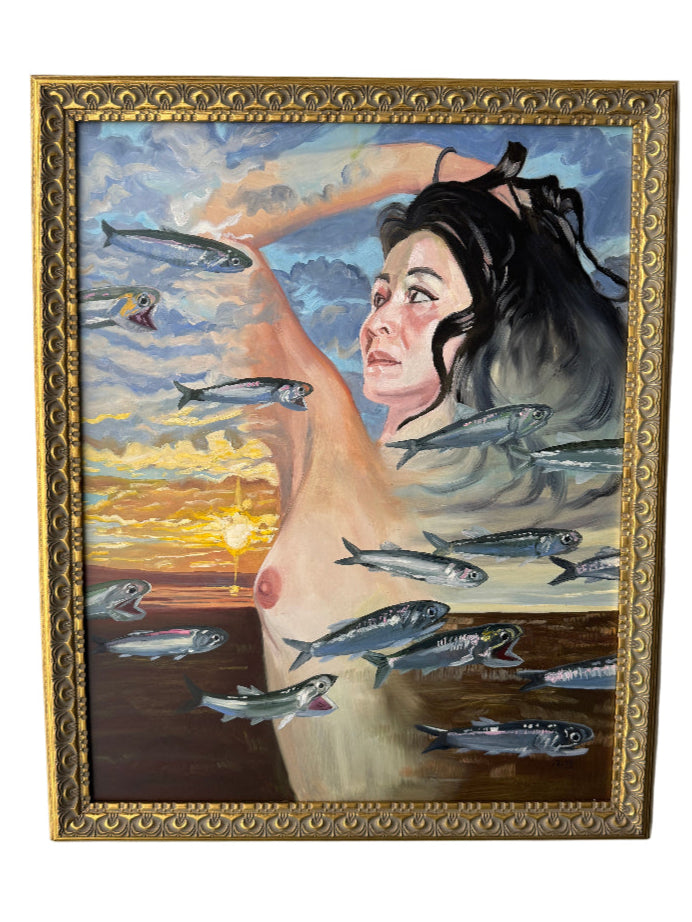 Artistic depiction of a woman with fish around her, set against a sunset sky.