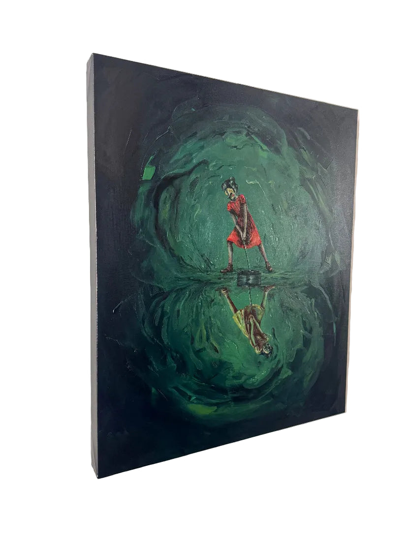 Painting of a person in a red outfit standing in water with a reflection, on a white wall.